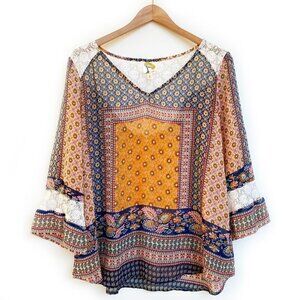 Fig & Flower Blouse Top Boho Relaxed Fit Chiffon Lace Floral Kimono Flowy